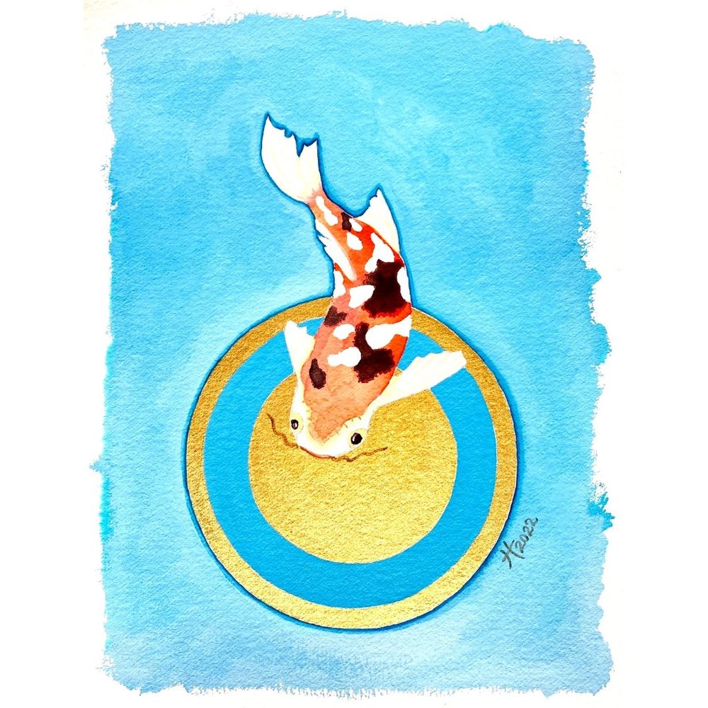 Original Art “Koi on Gold” Artwork Watercolor Gouache Painting 11x14 Frame Ready